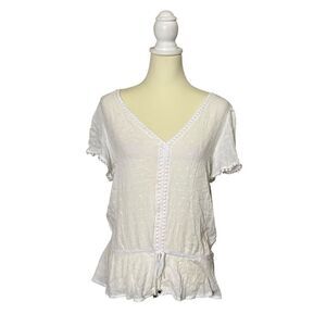 NWT Adrienne Vittadini Semi Sheer White Flutter Sleeve Peasant Top Womens Size M